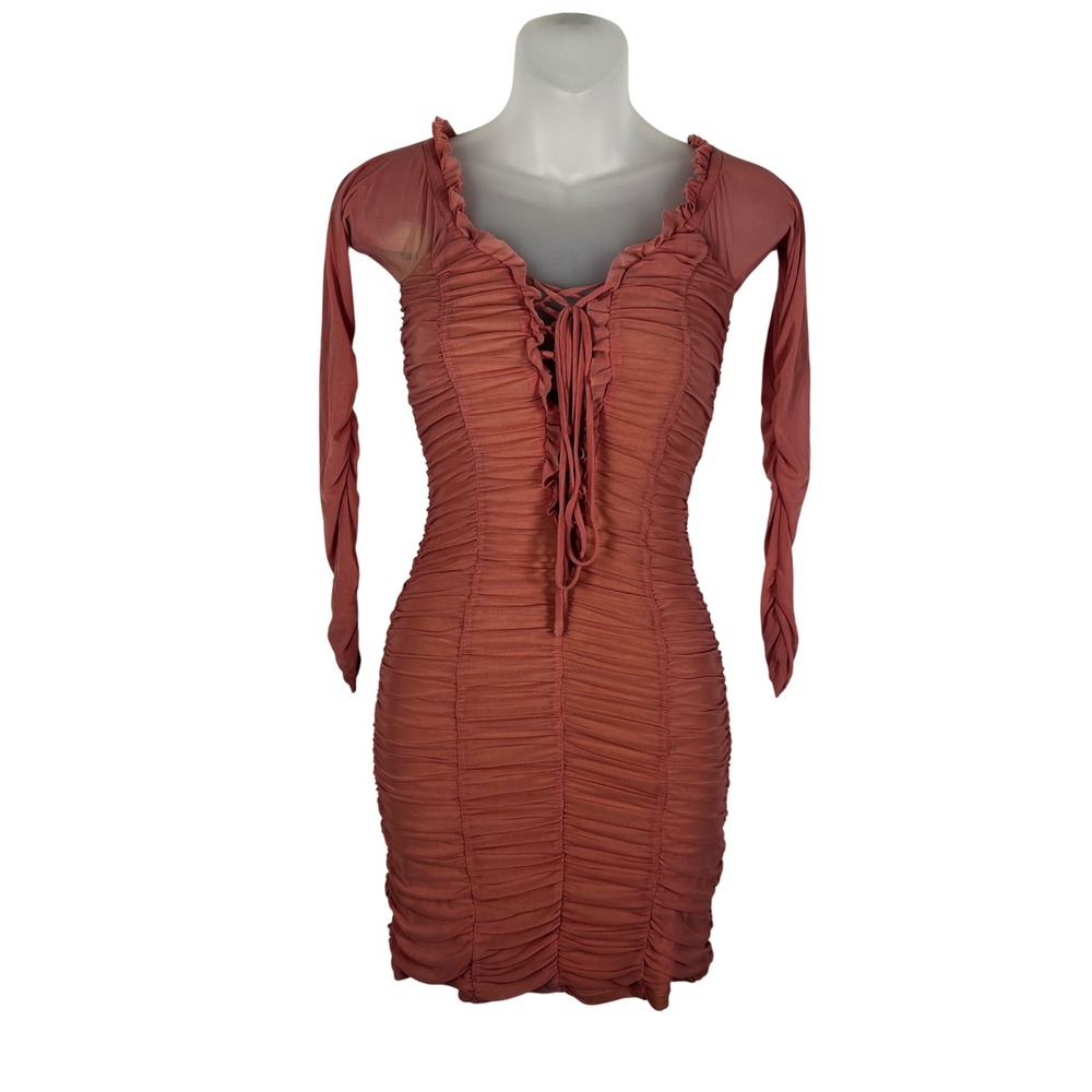 Majorelle Ruched Mini Dress Womens XS Pink Darling Solid Lace Up Mesh Stretch
